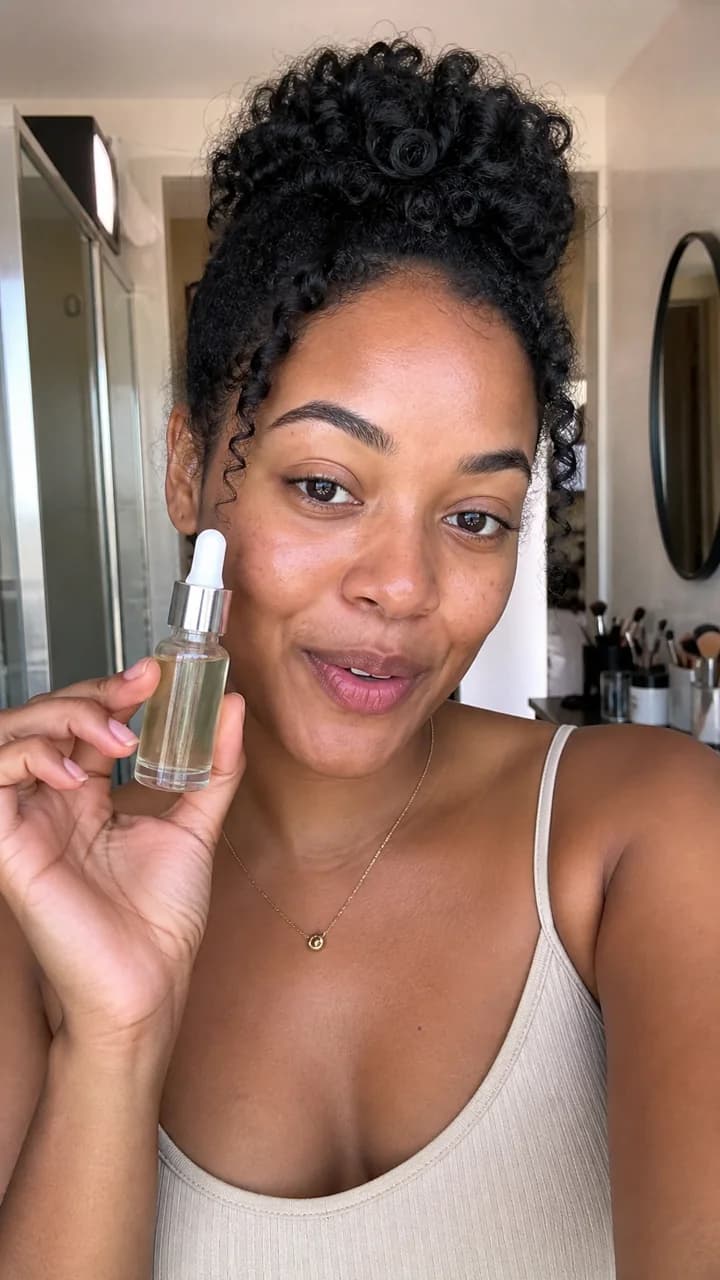 Criadora de beleza apresentando um sérum em um vídeo vertical
