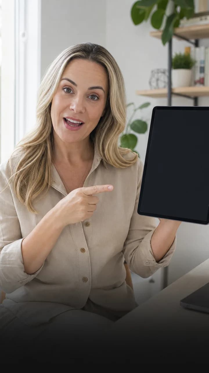 Criadora loira demonstrando um aplicativo em um tablet