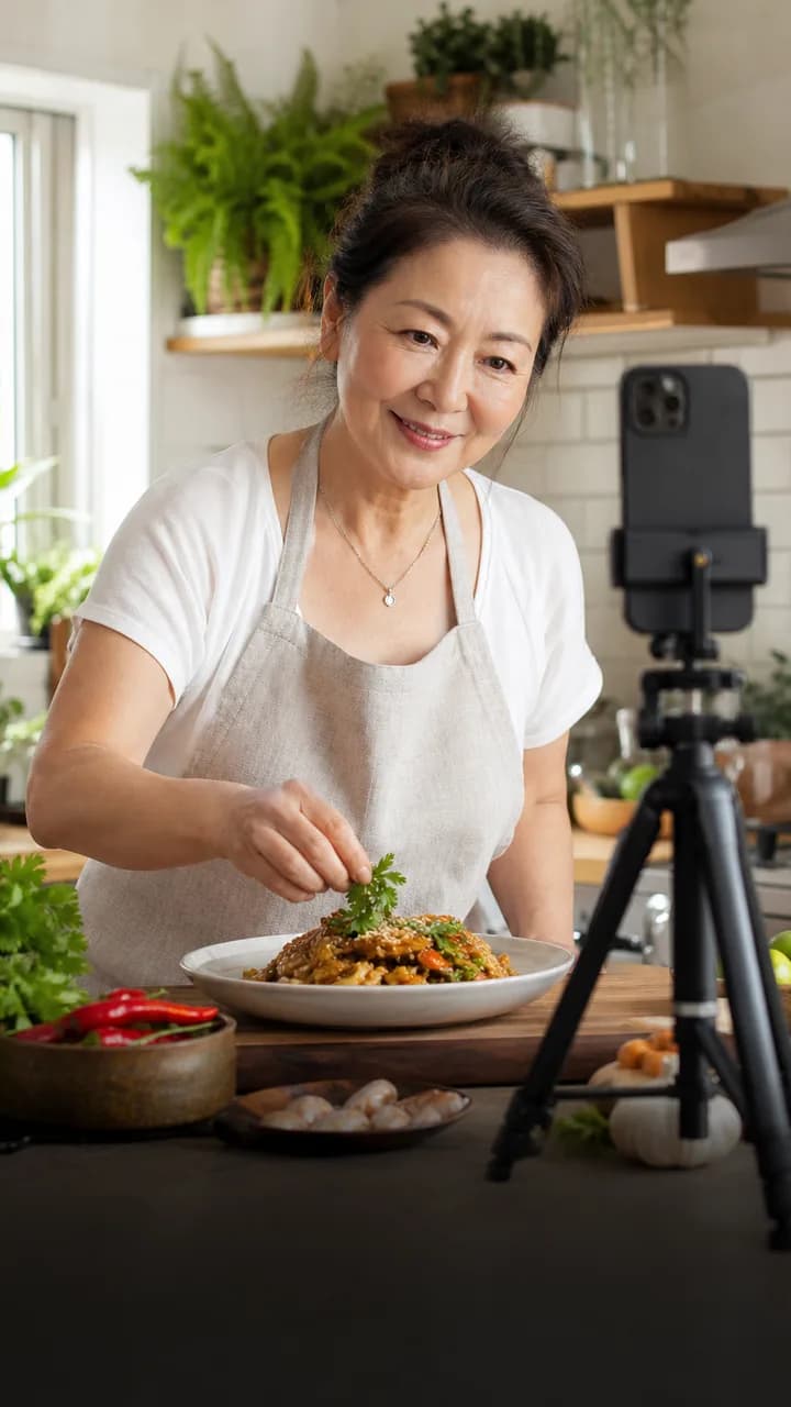 Criadora madura gravando o passo a passo de uma receita