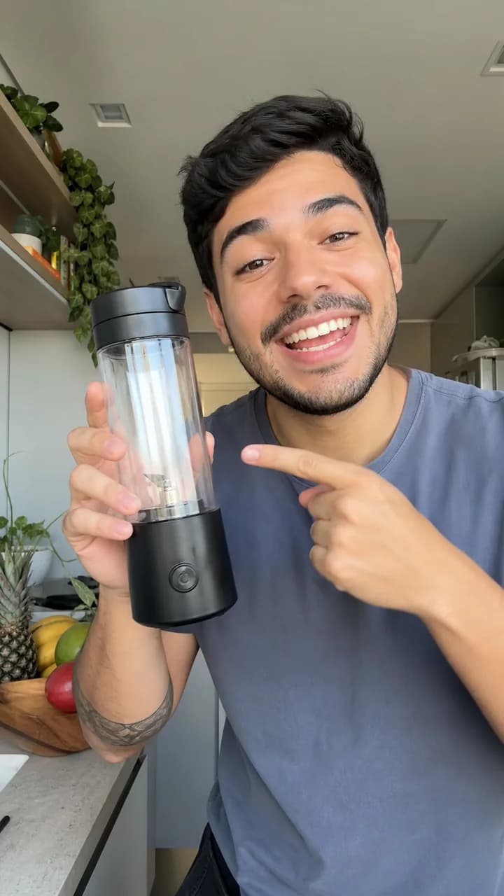 Criador demonstrando um liquidificador portátil em sua cozinha