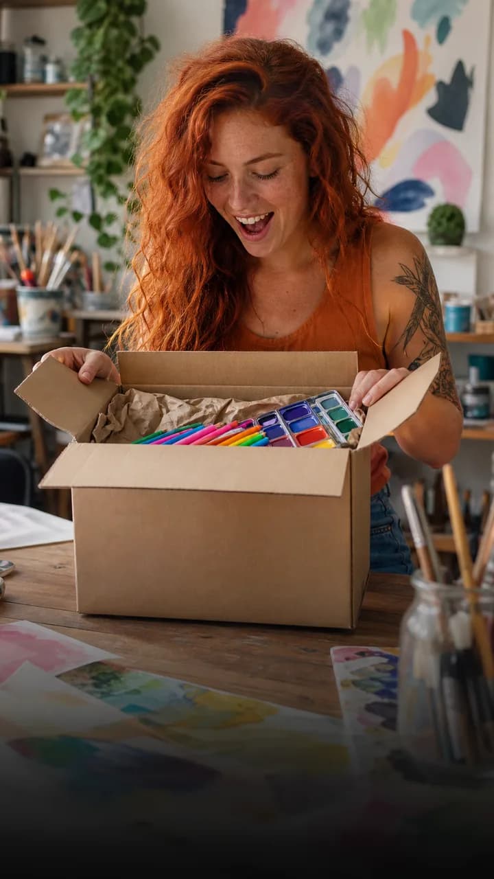 Criadora ruiva abrindo uma caixa de materiais de arte
