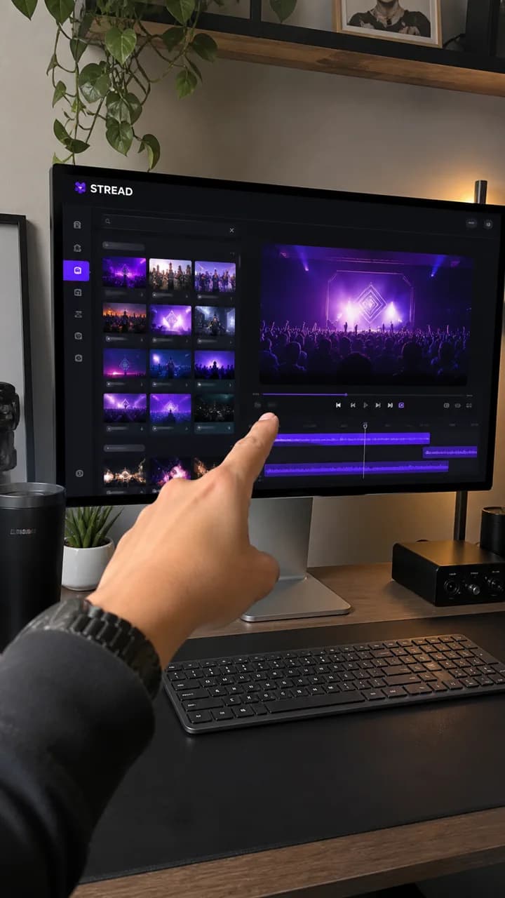 Mão de um criador apontando para a interface do Stread em um monitor, em visão de primeira pessoa
