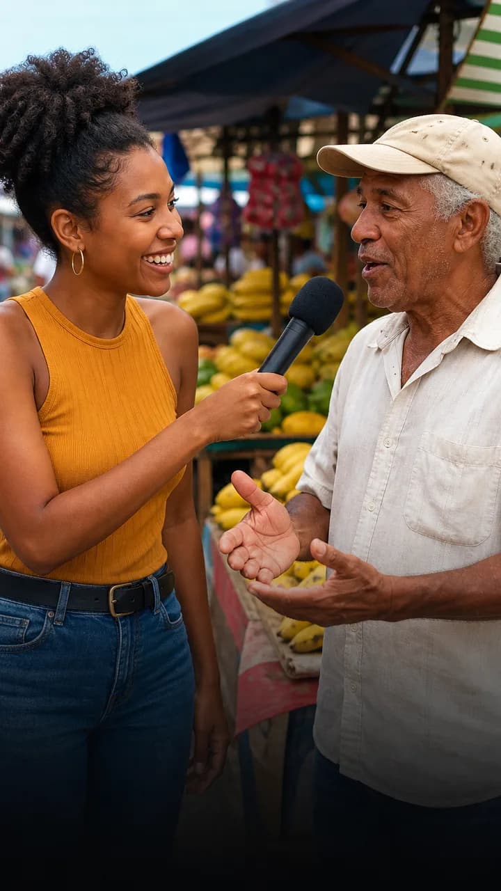 Apresentadora entrevistando um homem em uma feira de rua
