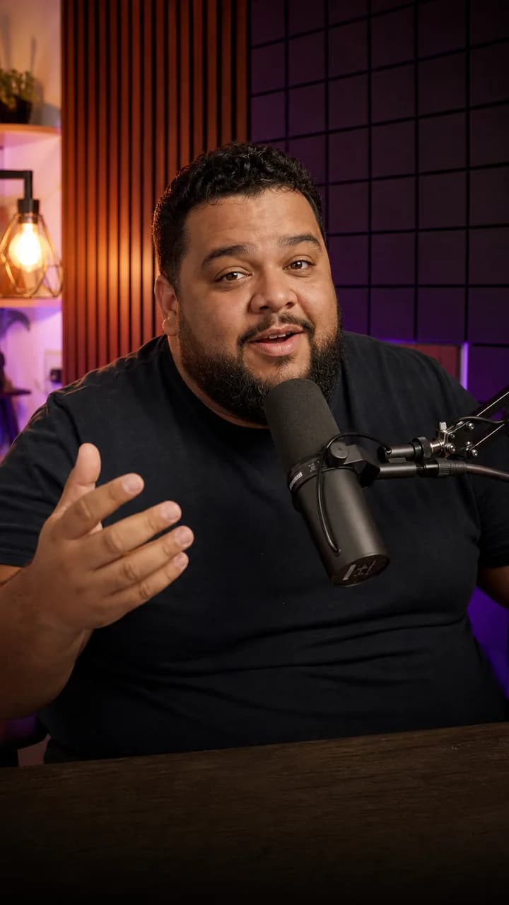 Apresentador de podcast gravando com um microfone profissional