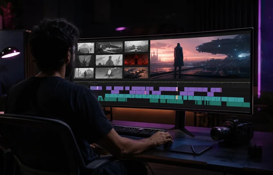 Editor trabalhando em uma linha do tempo de vídeo e roteiro visual