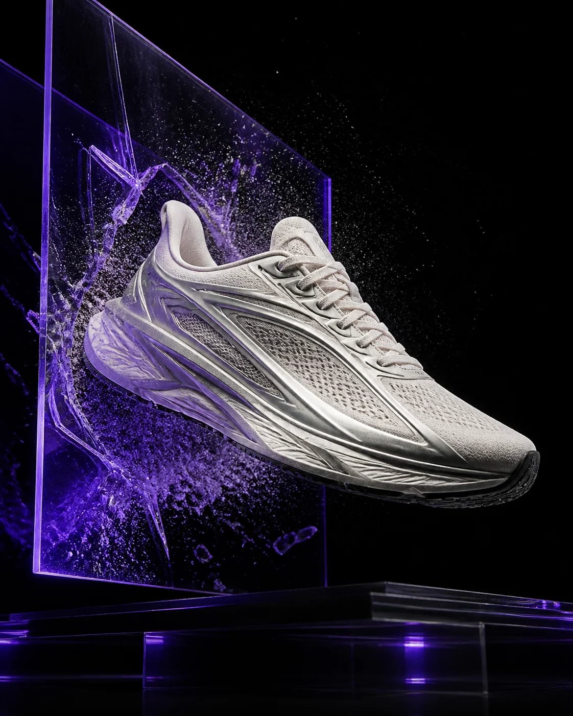Tênis de corrida em campanha de produto com luz violeta